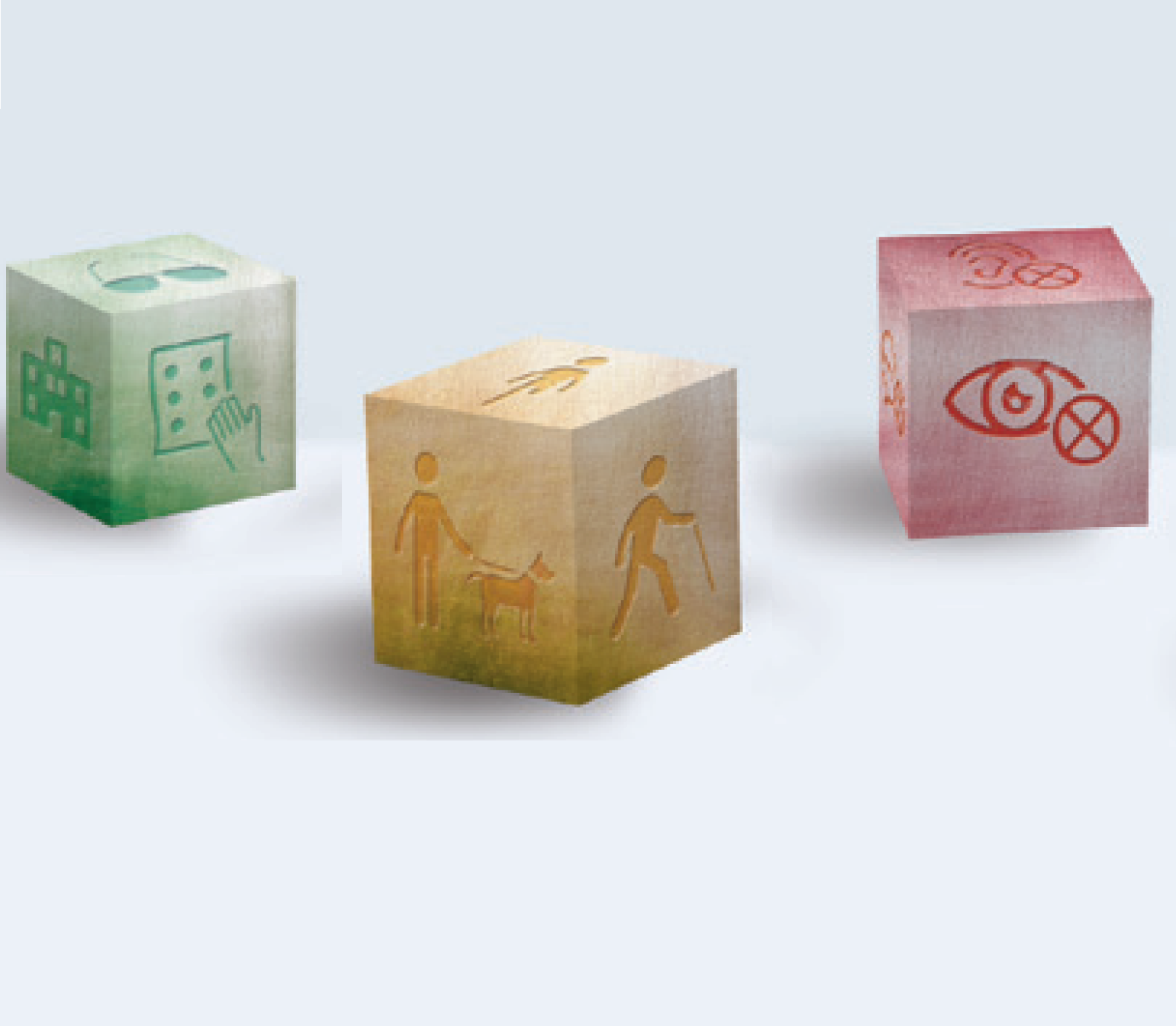 Coloured cubes with images of people with different disabilities printed on them